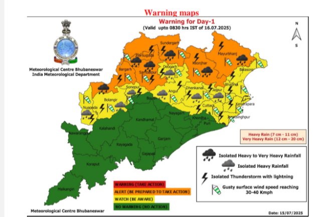 ओडिशा के कई स्थानों पर तेज हवा के साथ बिजली कड़कने और बरसात होने की संभावना है 