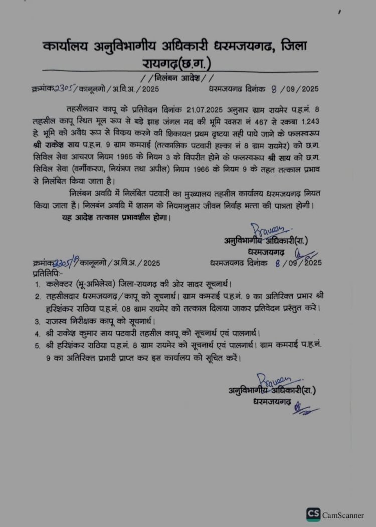 अवैध तरीके से जंगल भूमि बेचने वाला पटवारी निलंबित 