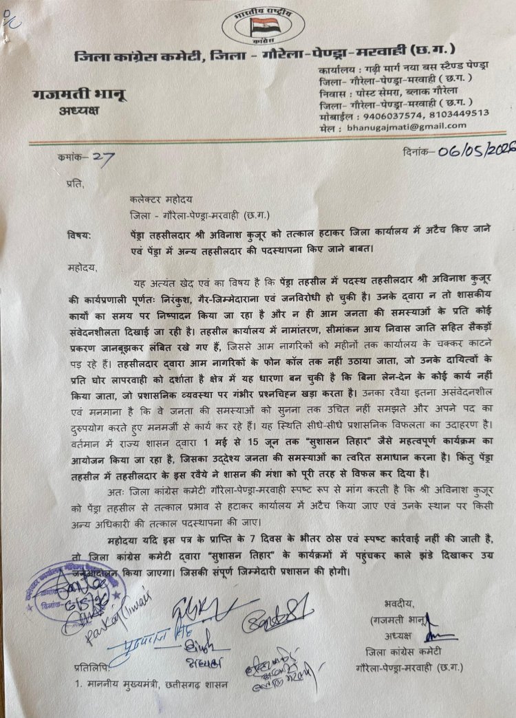 पेंड्रा तहसीलदार पर कांग्रेस का बड़ा हमला तहसीलदार को हटाने की मांग